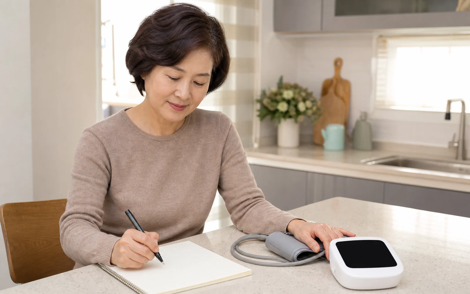 집 주방 식탁에서 혈압계 옆 빈 기록장에 측정 결과를 적는 50대 여성