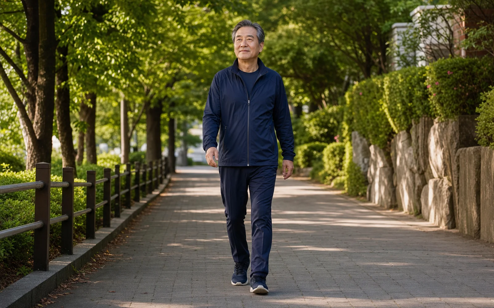 나무가 있는 동네 산책로에서 바른 자세로 빠르게 걷는 60대 남성