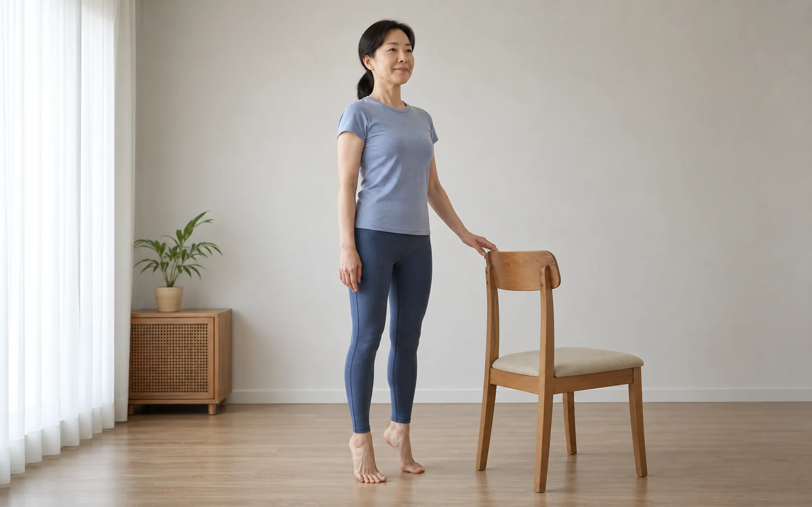 밝은 실내에서 의자를 가볍게 짚고 양발 뒤꿈치를 천천히 올리는 40대 여성