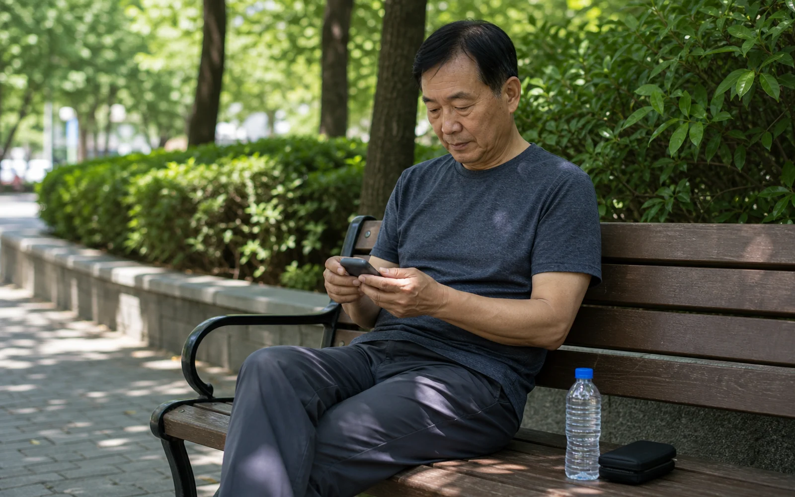 여름 공원 그늘 벤치에 앉아 화면이 보이지 않는 혈당측정기를 확인하는 60대 남성