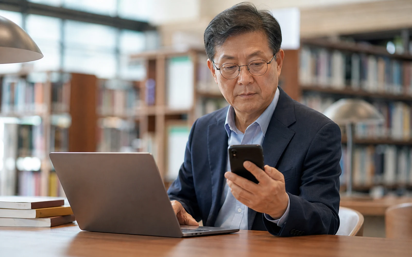 도서관 책상에서 노트북과 휴대전화로 보험 가입내역을 확인하는 60대 남성