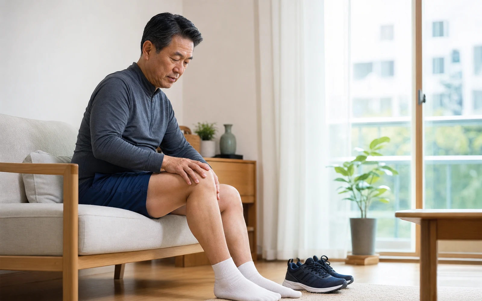 운동화를 신기 전 의자에 앉아 한쪽 무릎 상태를 살피는 50대 남성