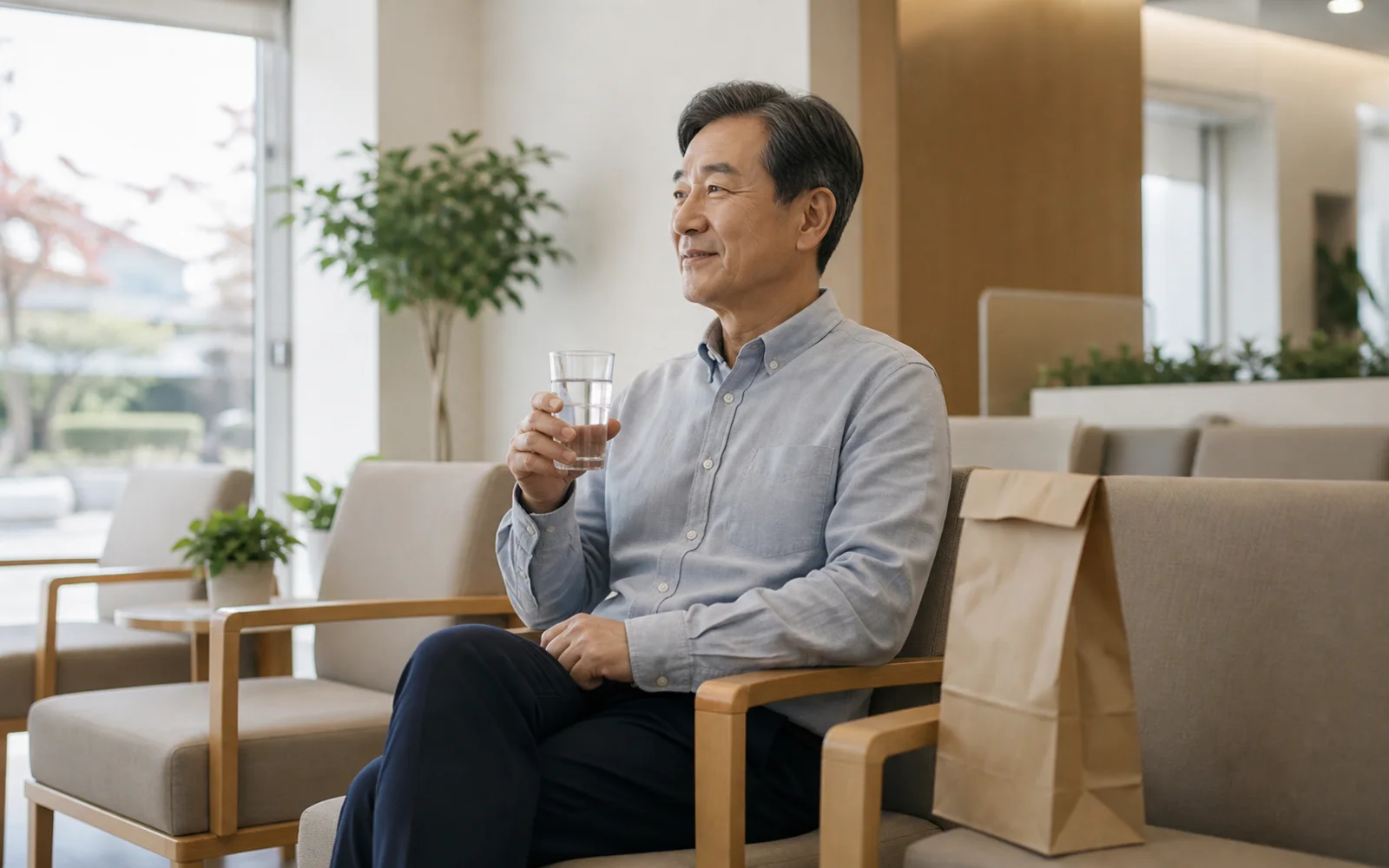 검진센터 대기 공간에서 물 한 잔을 들고 공복검사를 기다리는 60대 남성
