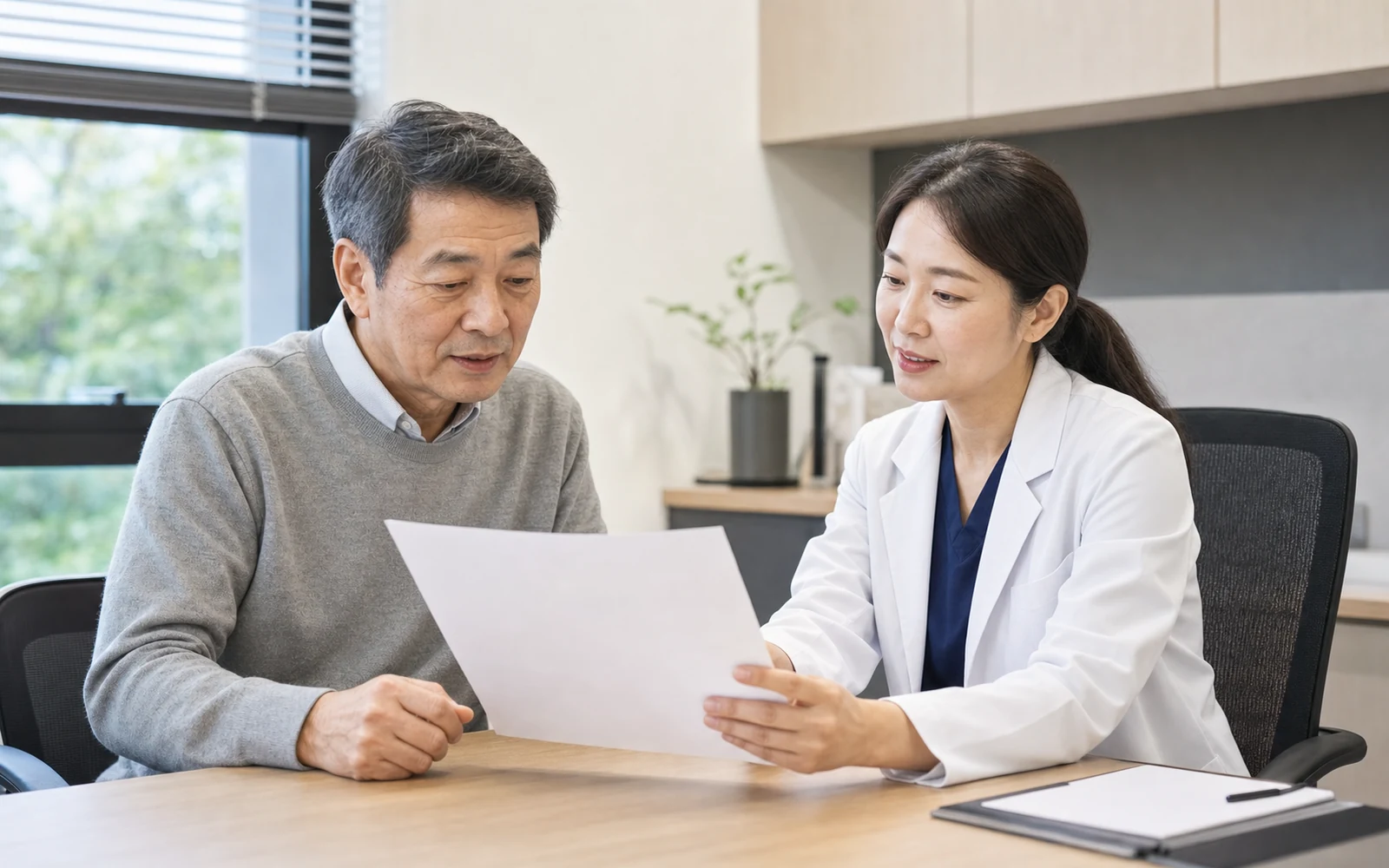 진료실에서 글자 없는 검사 결과지를 의료진과 함께 살펴보는 60대 남성
