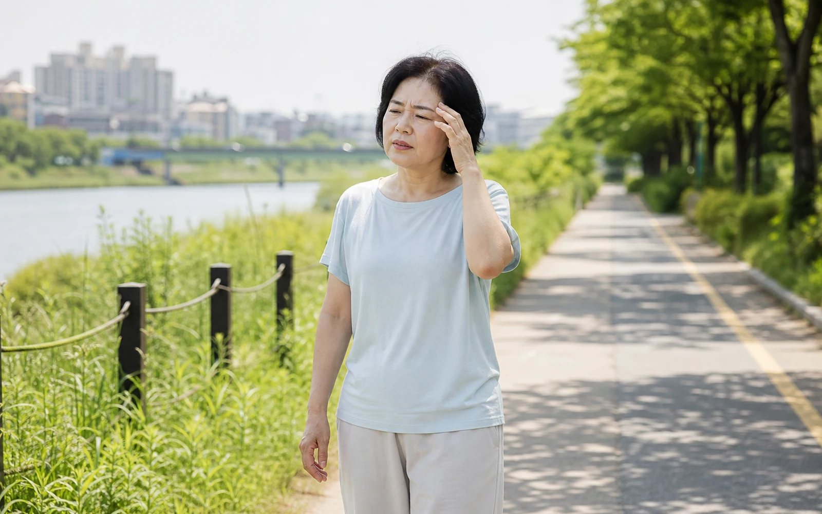 더운 날 야외활동 중 어지러움을 느껴 잠시 멈춘 중년 한국인