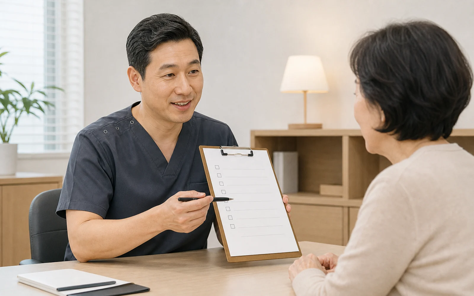 병원 상담실에서 입원 전 확인 질문을 빈 체크리스트로 설명하는 간호사와 60대 가족