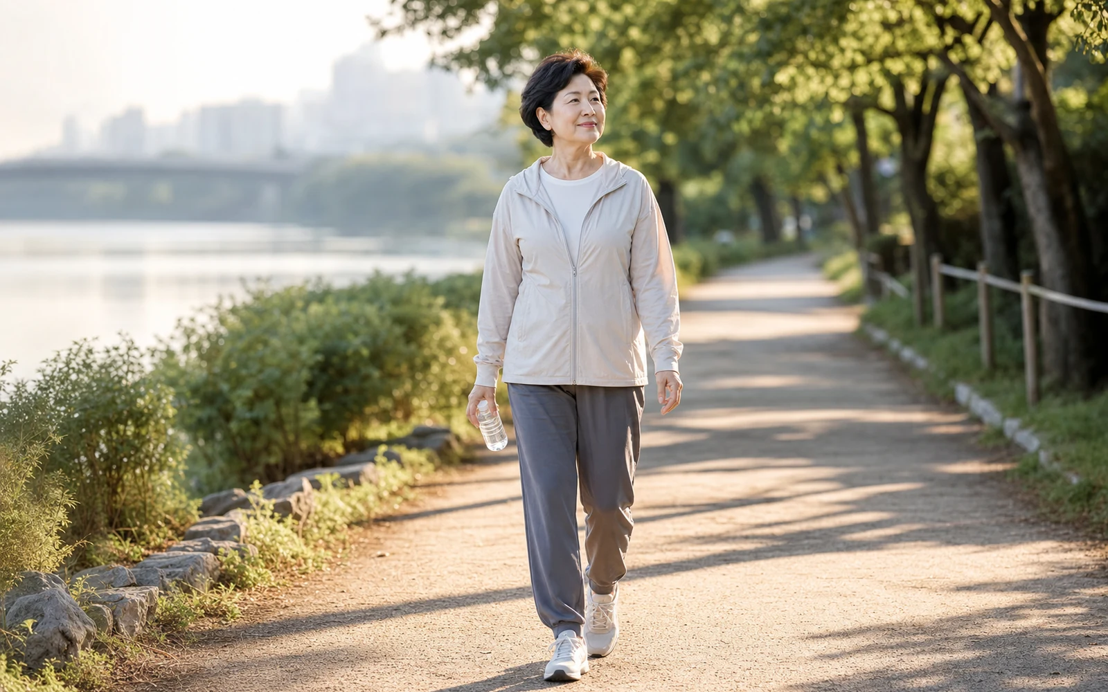 늦여름 아침 강변 산책로에서 물병을 들고 편안히 걷는 60대 여성
