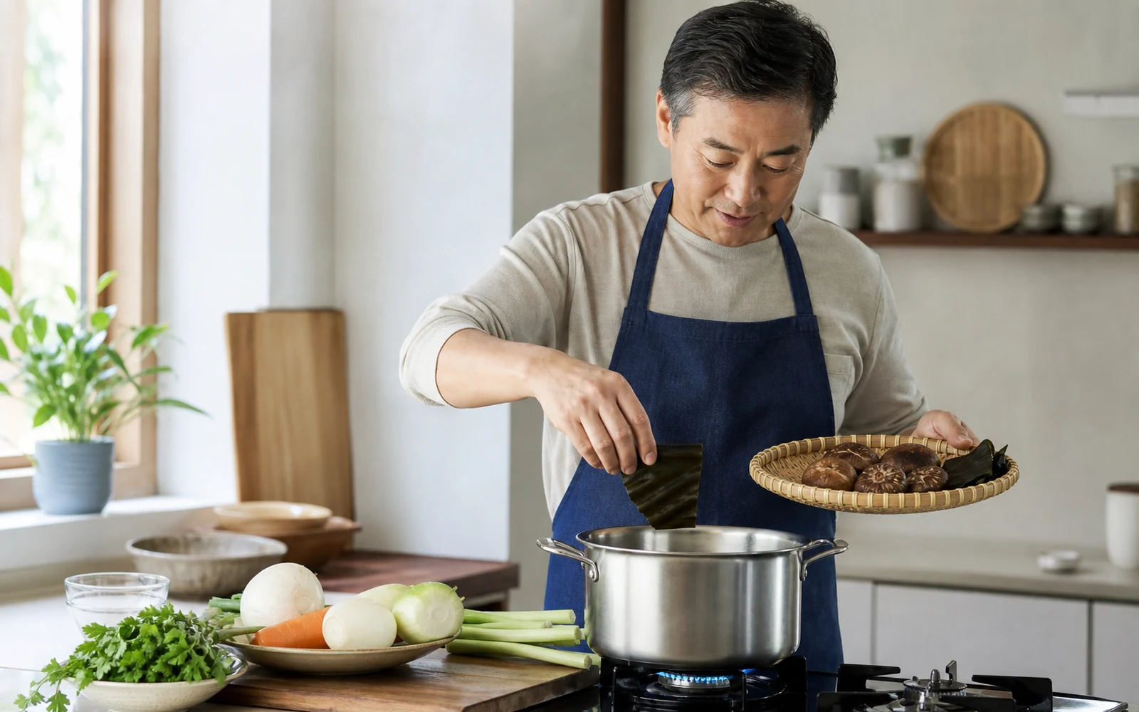 주방에서 버섯과 채소를 냄비에 넣어 기본 육수를 만드는 50대 남성