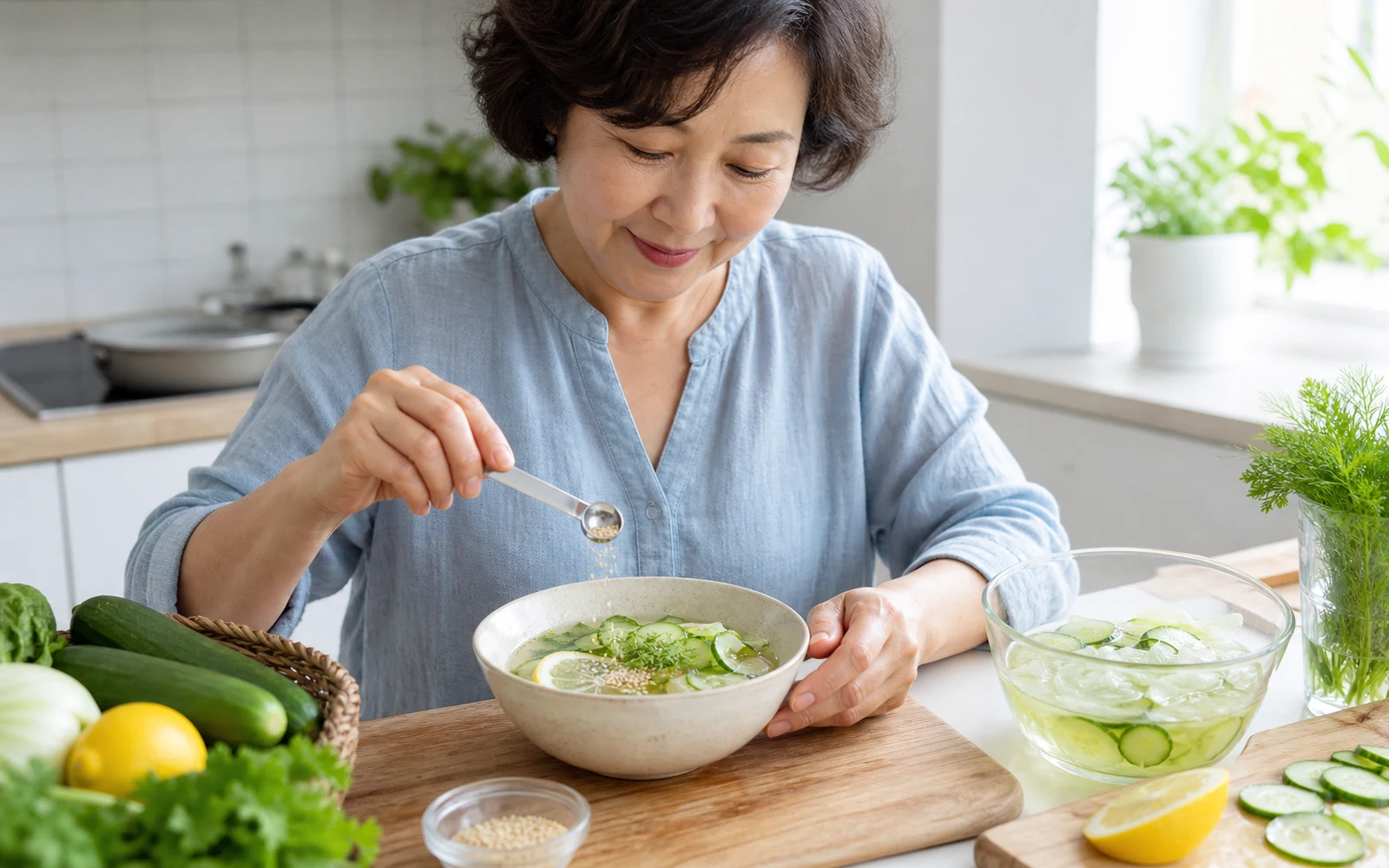 오이 냉국 그릇 위에 작은 계량스푼으로 양념을 넣는 50대 여성