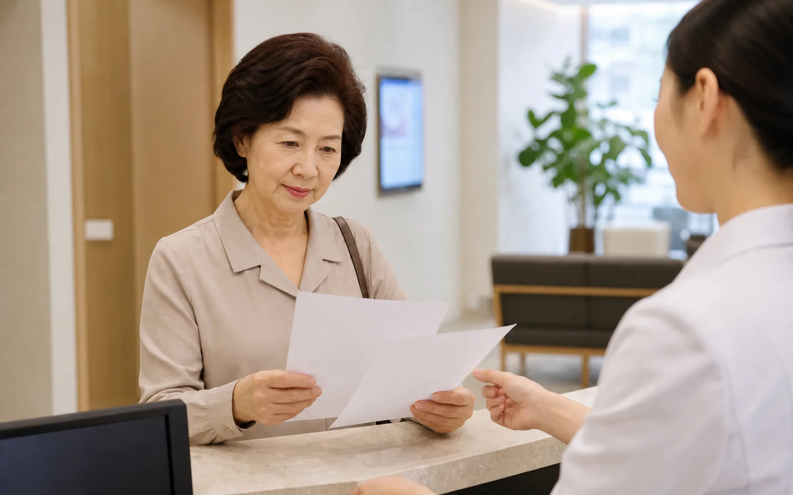 병원 창구에서 진료비 계산서와 세부내역서를 확인하는 60대 한국인 여성