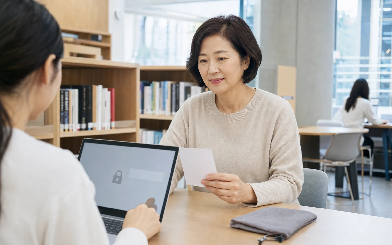 도서관 상담 자리에서 잠금 아이콘이 보이는 노트북으로 분실 신고를 확인하는 50대 여성