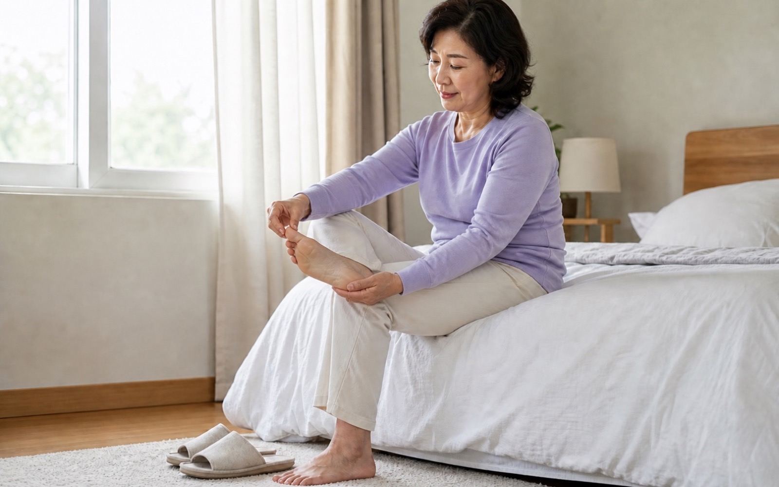 침대 가장자리에 앉아 첫발 전 엄지발가락을 당기는 60대 여성