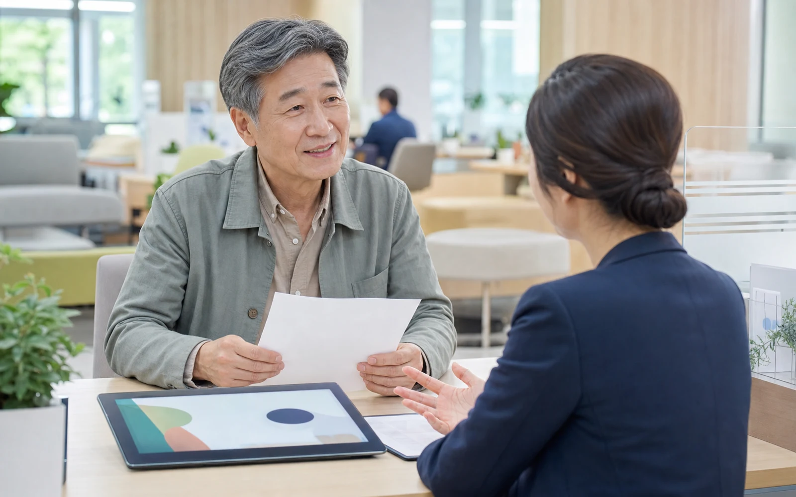 공공서비스 상담 창구에서 국민연금 임의계속가입 신청방법을 확인하는 60대 남성