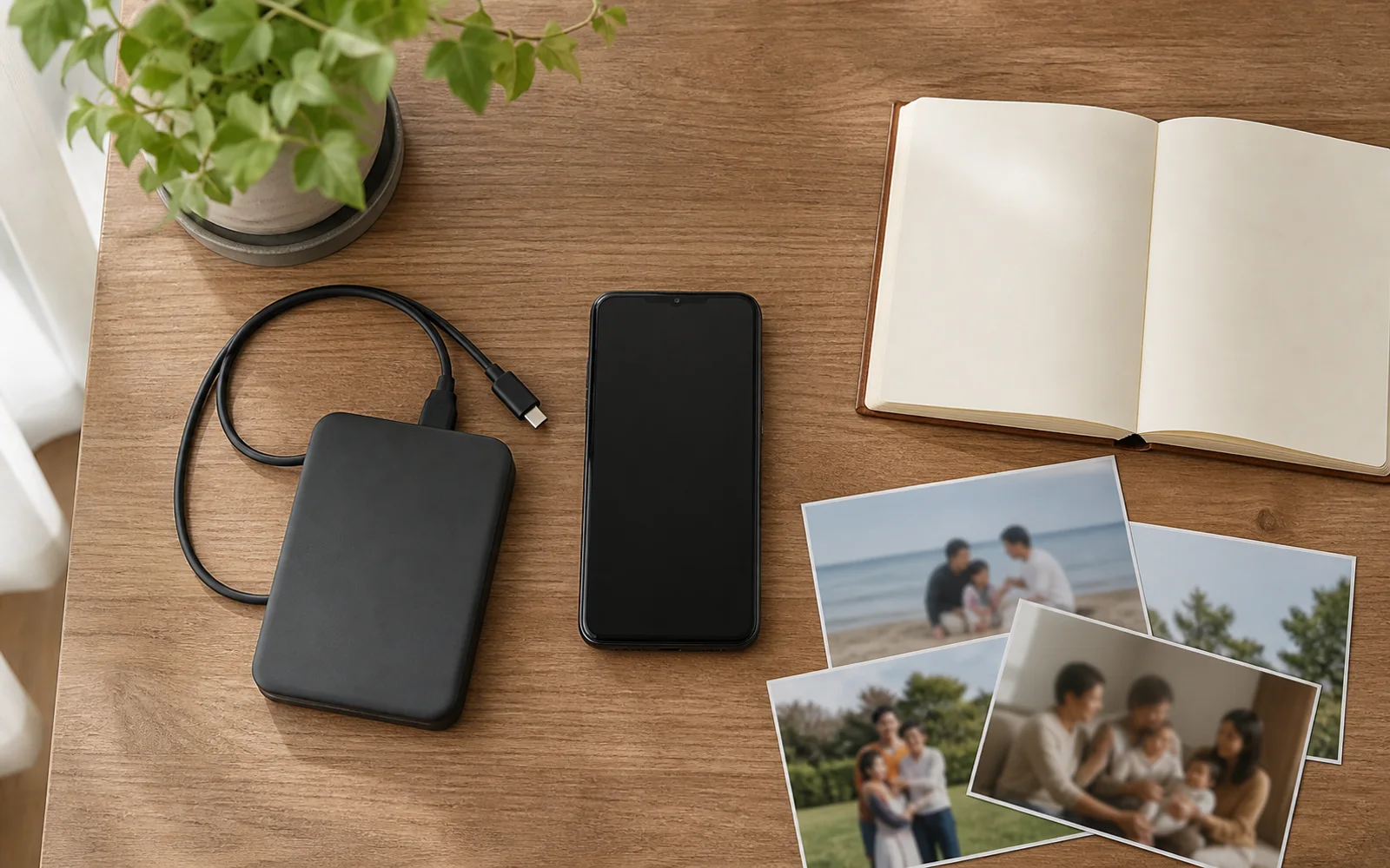 나무 책상 위 휴대전화와 외장 저장장치, 빈 주소록, 사진 인화물과 충전 케이블을 정리한 모습