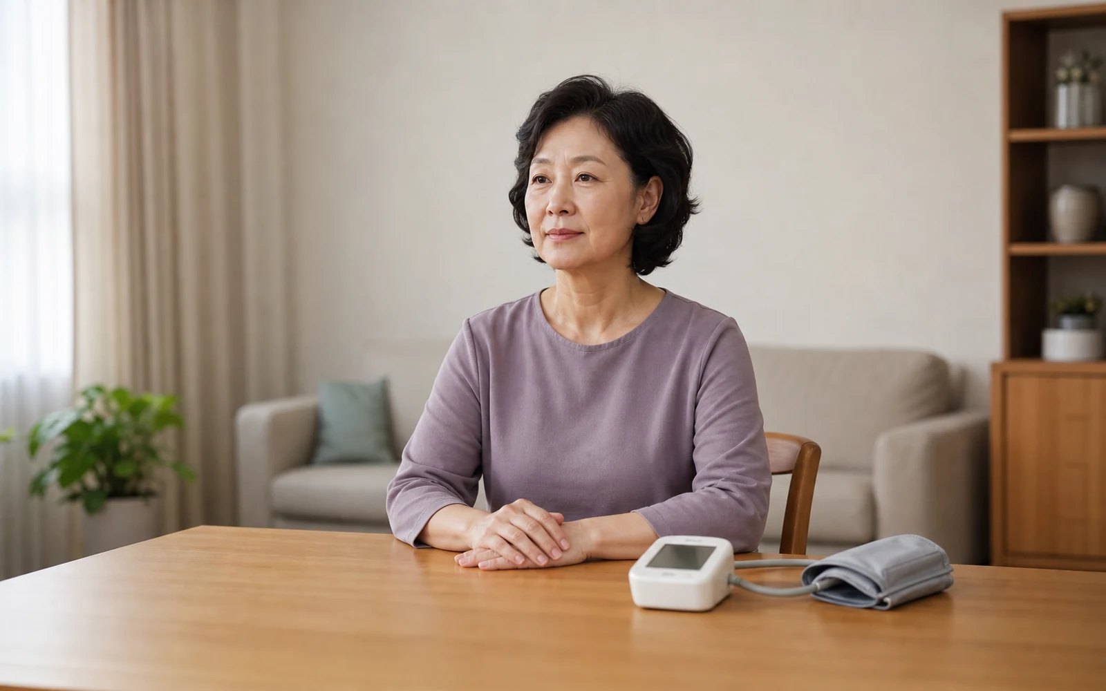 혈압계 옆 의자에 등을 기대고 두 발을 바닥에 둔 채 조용히 쉬는 60대 여성