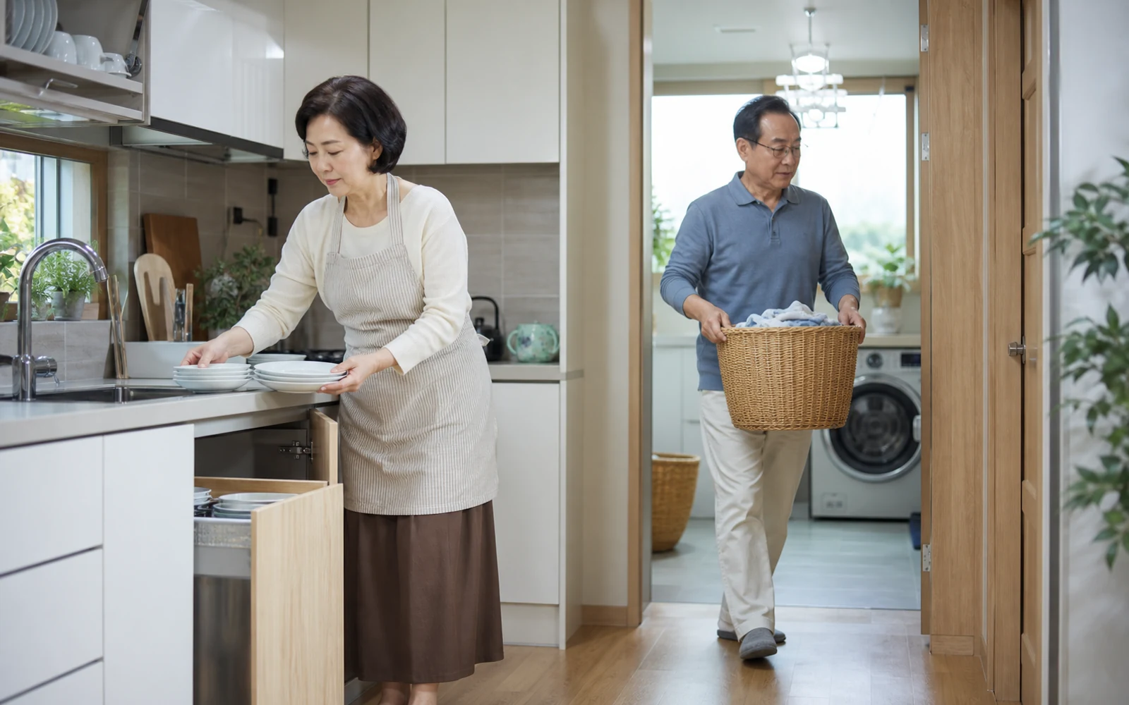 밝은 주방에서 식기를 정리하는 50대 여성과 세탁 바구니를 옮기는 60대 남성