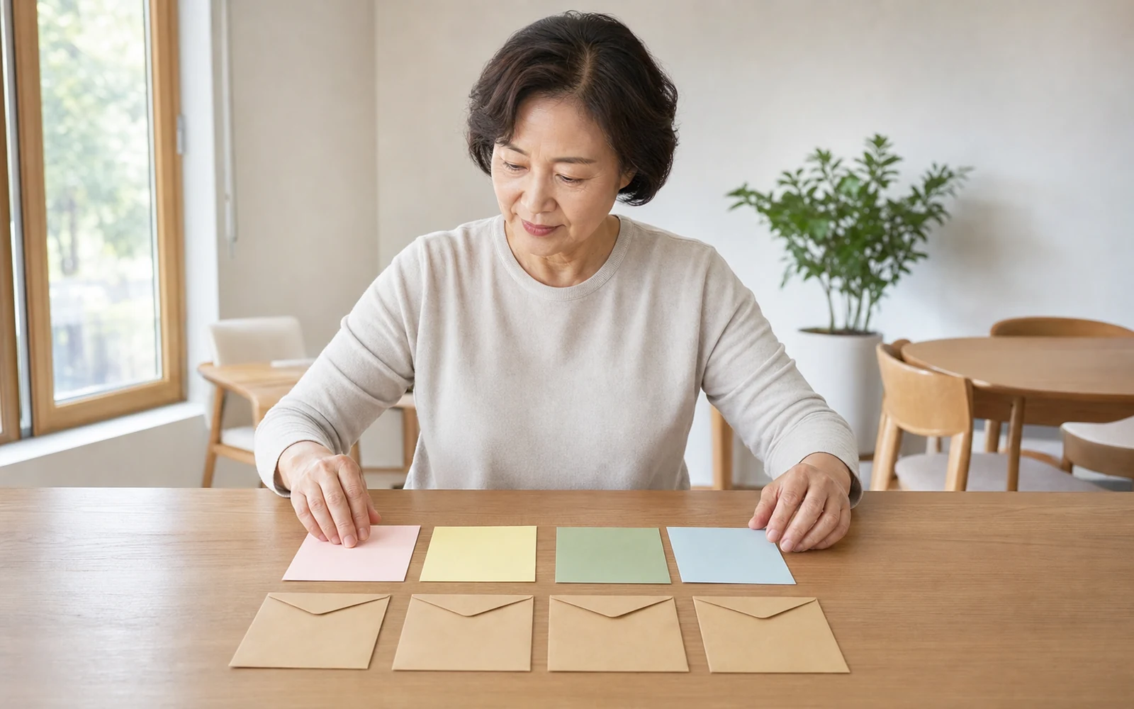 밝은 지역 모임 공간에서 네 가지 색 빈 카드와 봉투를 나란히 분류하는 60대 여성