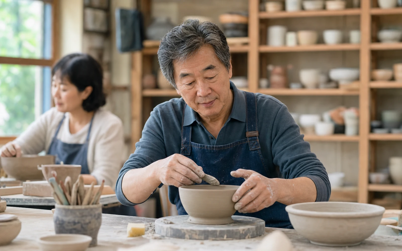 밝은 지역 공방 작업대에서 양손으로 그릇 모양의 흙을 다듬는 60대 남성