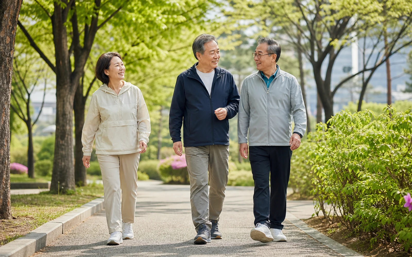초록빛 동네 공원 산책로를 나란히 걸으며 대화하는 50대와 60대 남녀 세 명