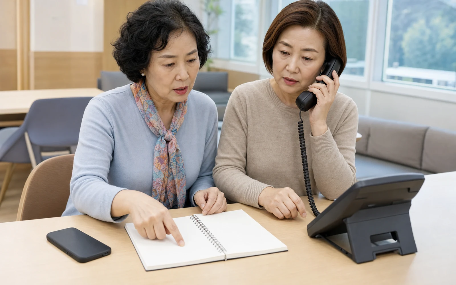 지역 상담 공간에서 스마트폰을 내려놓고 유선전화로 지급정지 도움을 요청하는 50대 여성 두 명
