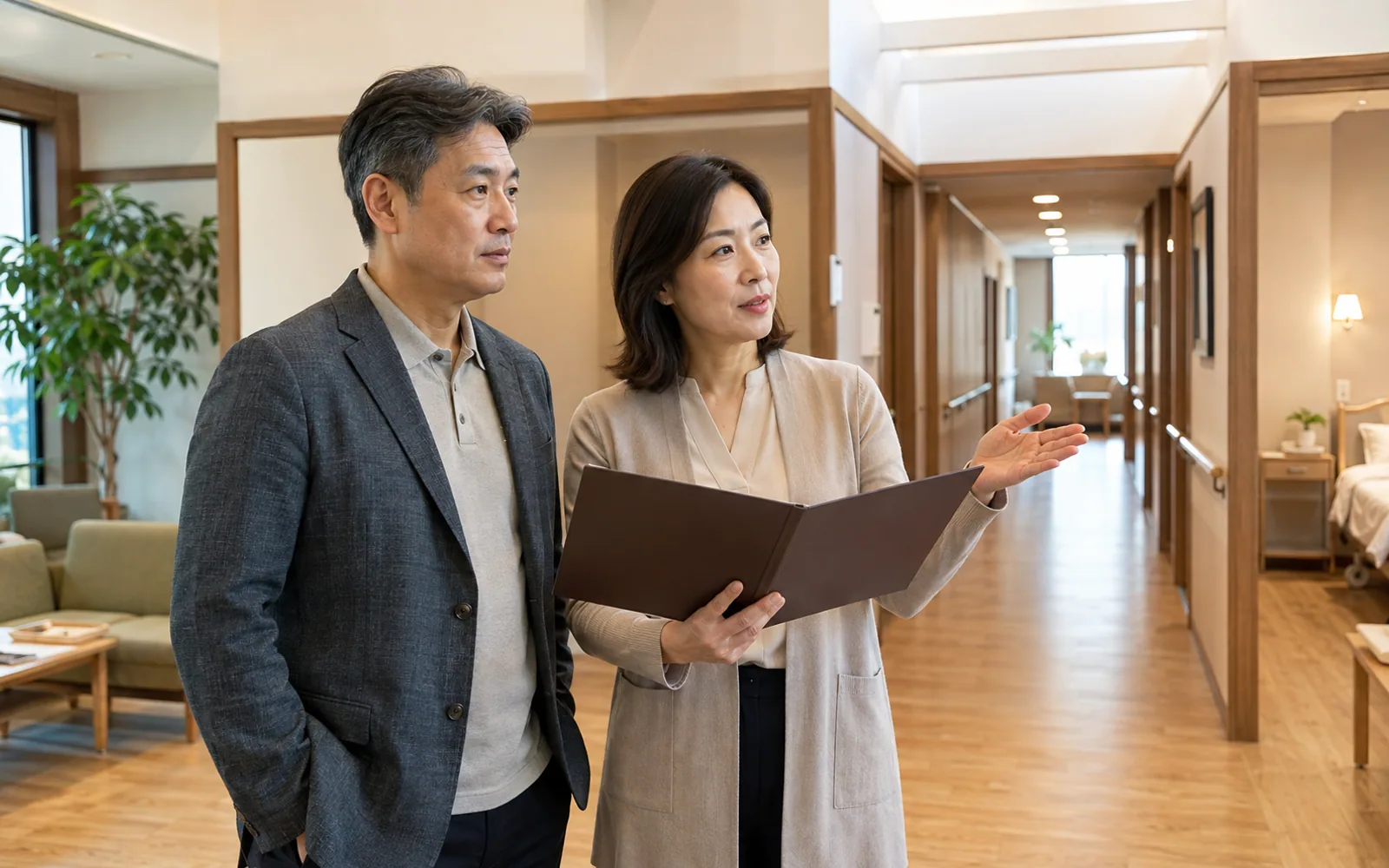 시설 돌봄서비스 선택 전 생활 공간과 돌봄 계획을 확인하는 50대 가족