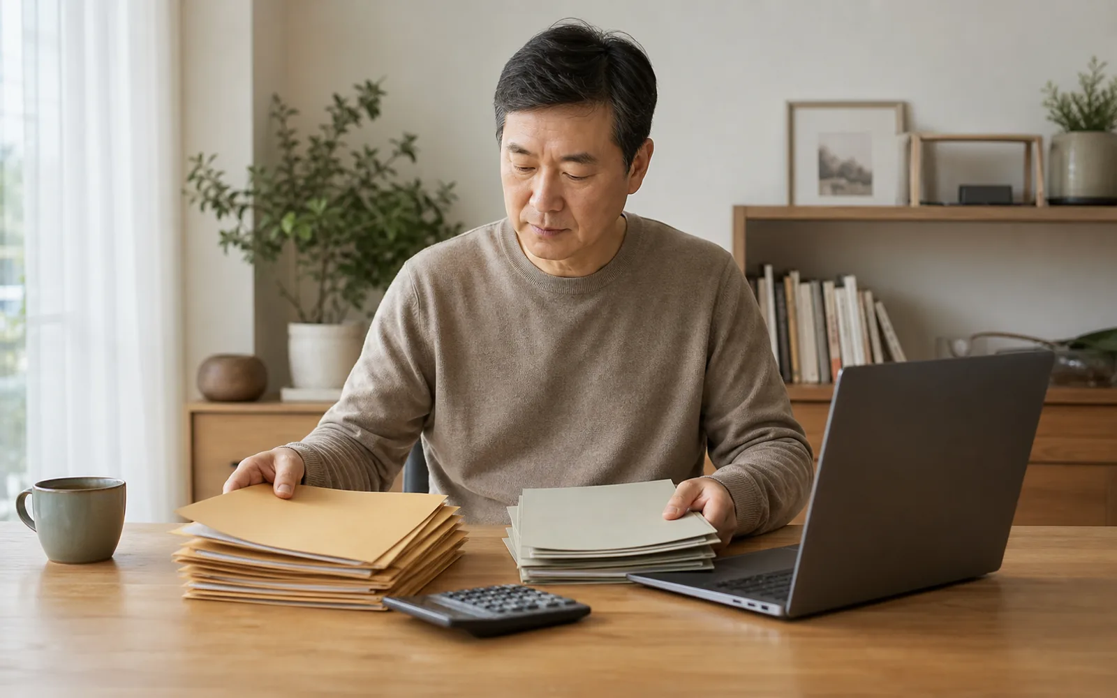 상속재산과 빚 기록을 두 묶음의 서류철로 나누어 정리하는 50대 남성