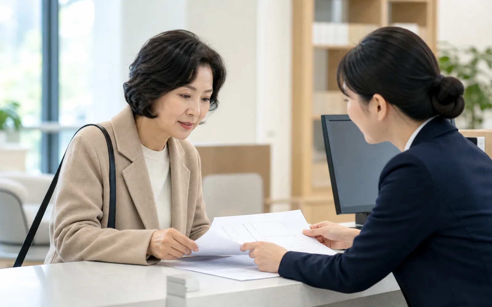 행정서비스 창구에서 부모님 사망 후 재산조회 서류를 확인하는 50대 여성