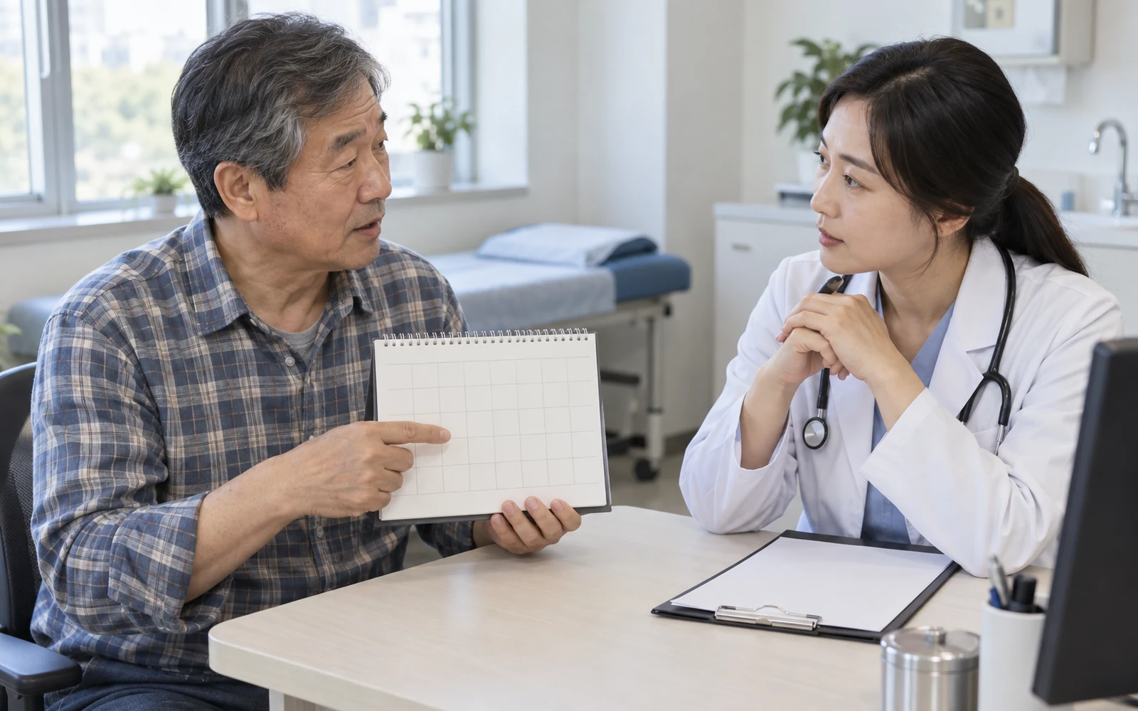진드기 감염병 증상과 벌초 날짜를 의료진에게 설명하는 60대 남성