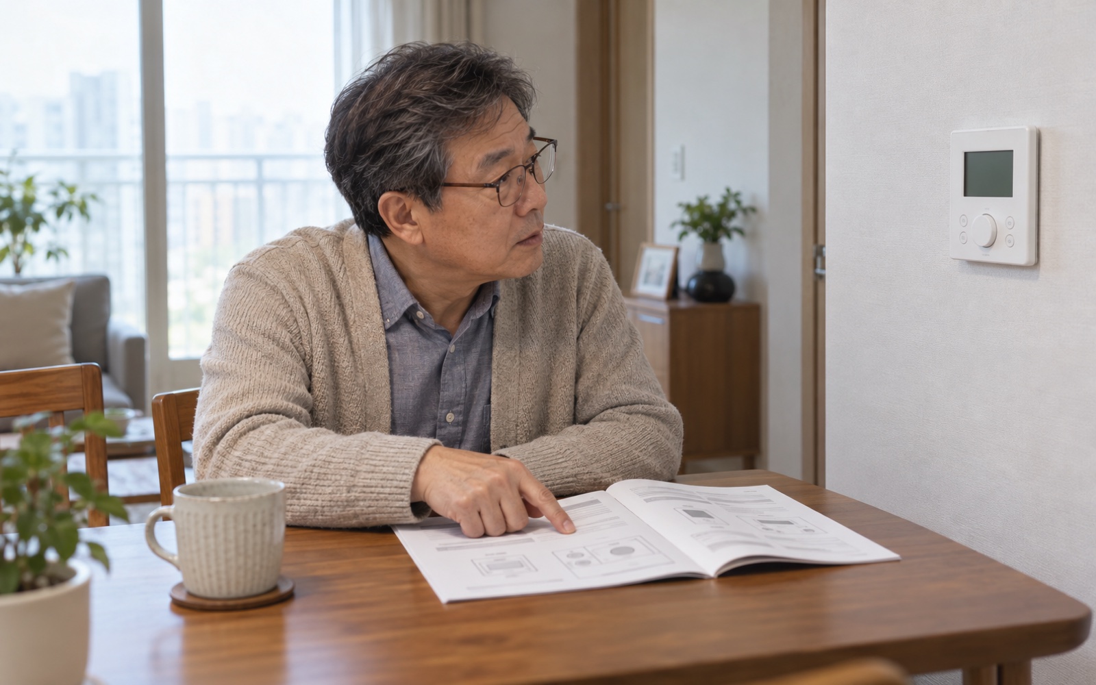 식탁에서 보일러 설명서를 펼쳐 외출 설정과 벽면 조절기를 대조하는 60대 한국인 남성