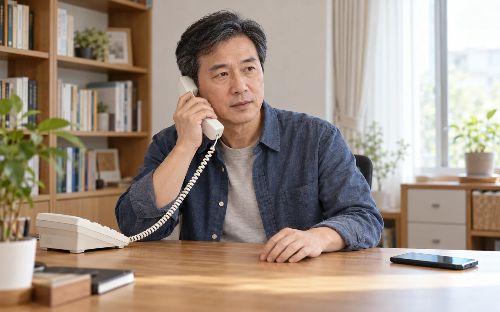 스미싱 앱 설치가 의심되는 휴대전화를 내려놓고 다른 전화로 도움을 요청하는 50대 한국인 남성
