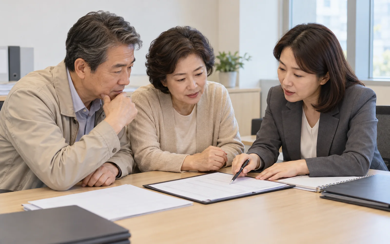 중립적인 상담창구에서 보험 실효일과 부활 필요금액을 확인하는 50대 한국인 부부