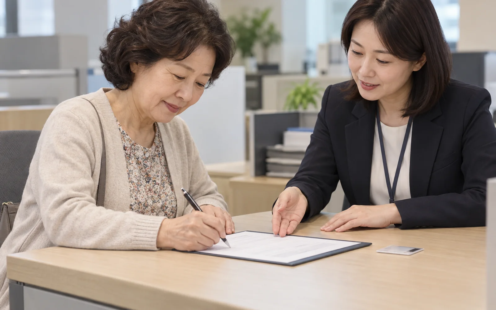 중립적인 상담창구에서 보험금 대리청구인 지정 신청서를 확인하는 60대 한국인 여성