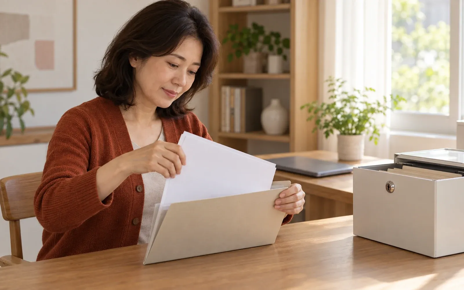 집 서랍 앞에서 인쇄된 빈 서류와 잠금 표시가 있는 파일 보관함을 정리하는 40대 한국인 여성